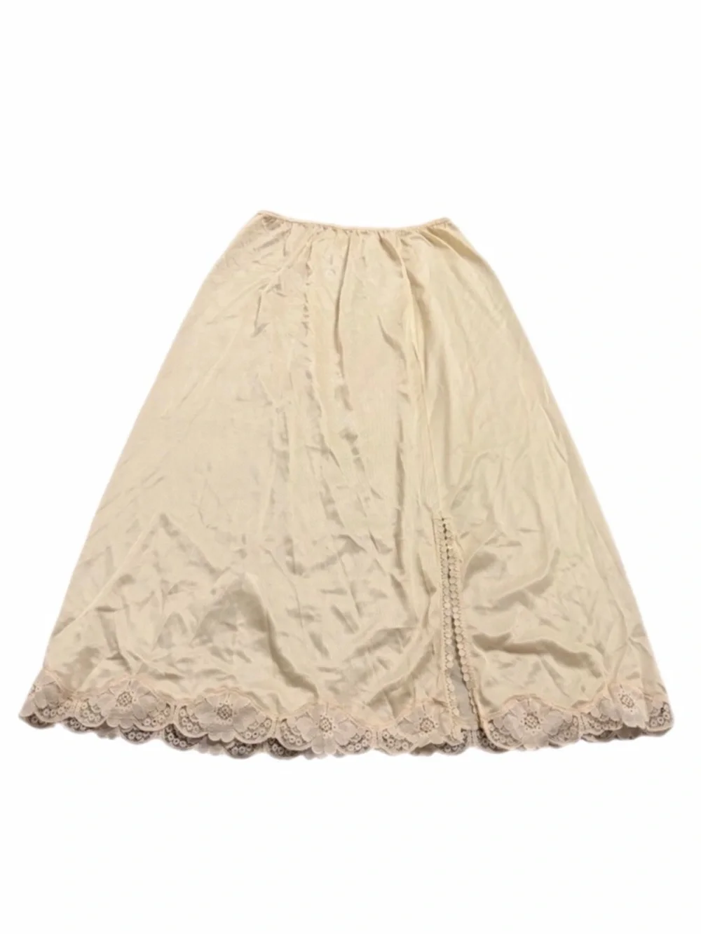 70s/80s European Vintage Silky Lace Split Hem Midi Slip Skirt Champagne/Nude M